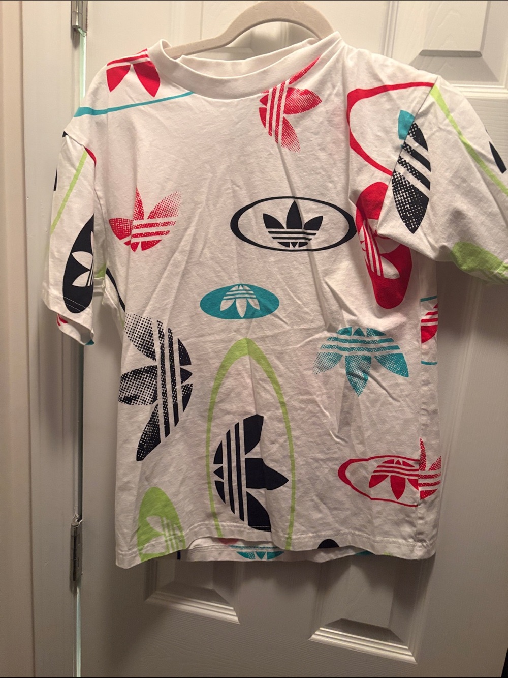 adidas White Tee with Red, Teal, Navy & Lime Trefoil Graphics